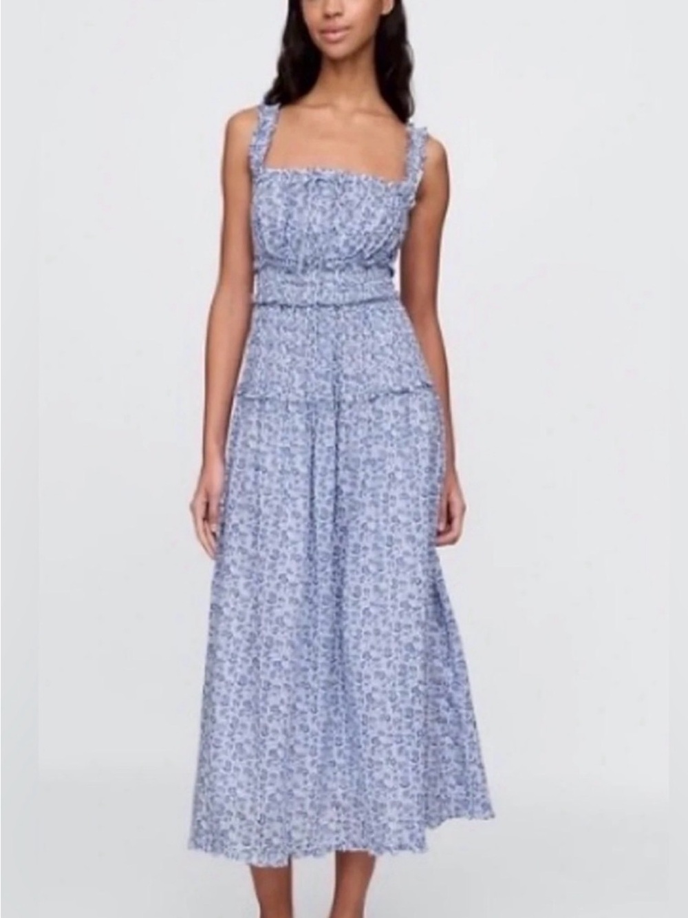 GAP x DÔEN Blue Floral Smocked Cotton Midi Dress Medium